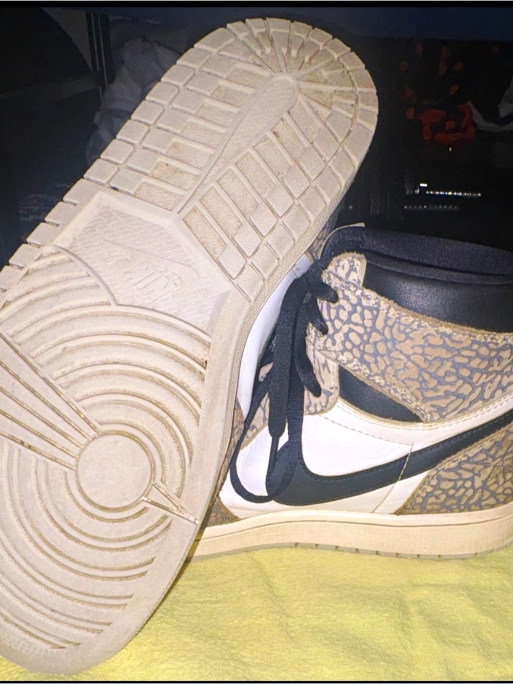 Air Jordan 1 Retro High-Top Mens Sneakers in Black, White and Tan Elephant Print